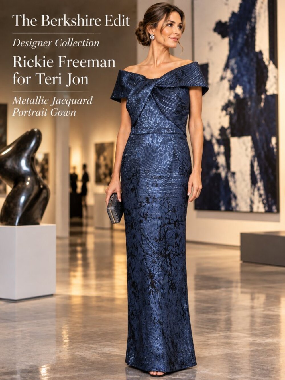 Teri Jon Rickie Freeman Metallic Jacquard Off Shoulder Gown Navy Size 12 Formal